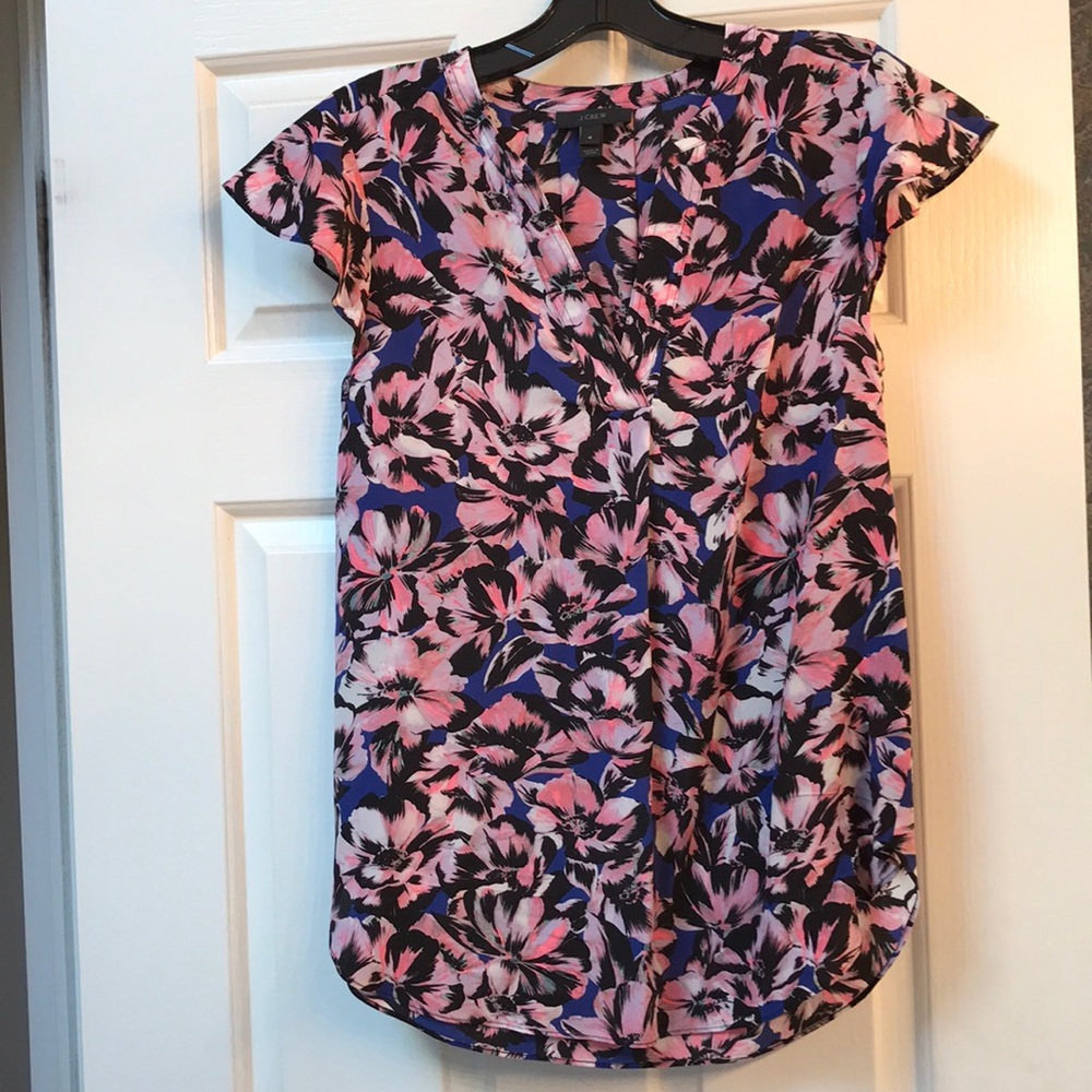 J. Crew Pink and Blue Floral Short-Sleeve Silk Blouse
